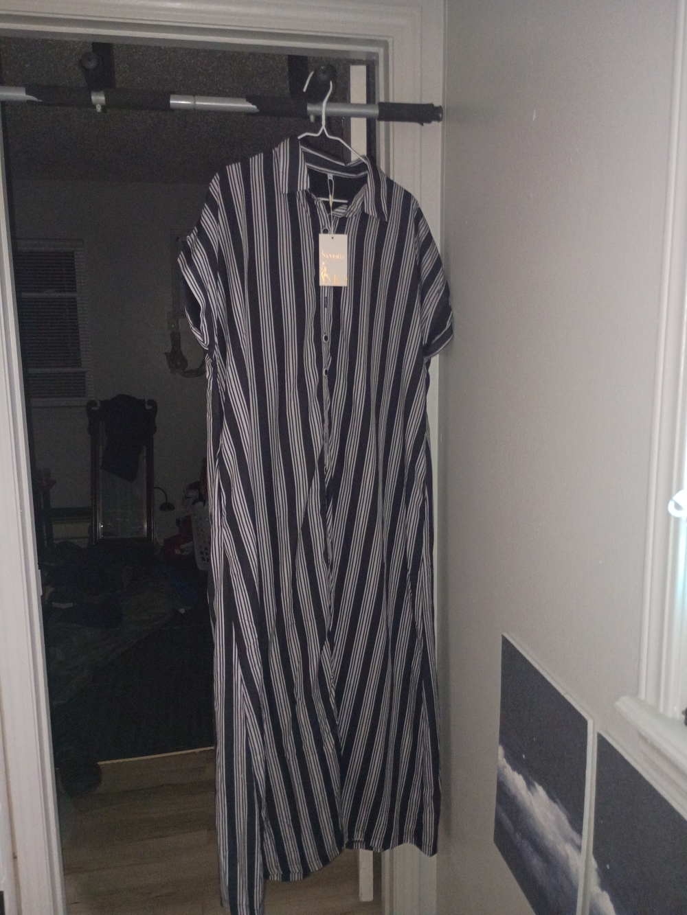 Black & White Vertical Stripe Maxi Shirt Dress